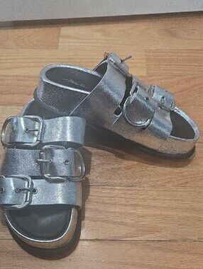 3.1 Philp Lim Metallic 3 Buckle Open Toe Slides, 37 - Sample, One Of A Kind***